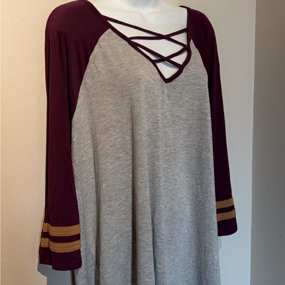 Women's Burgundy and Gray Long Sleeve Top